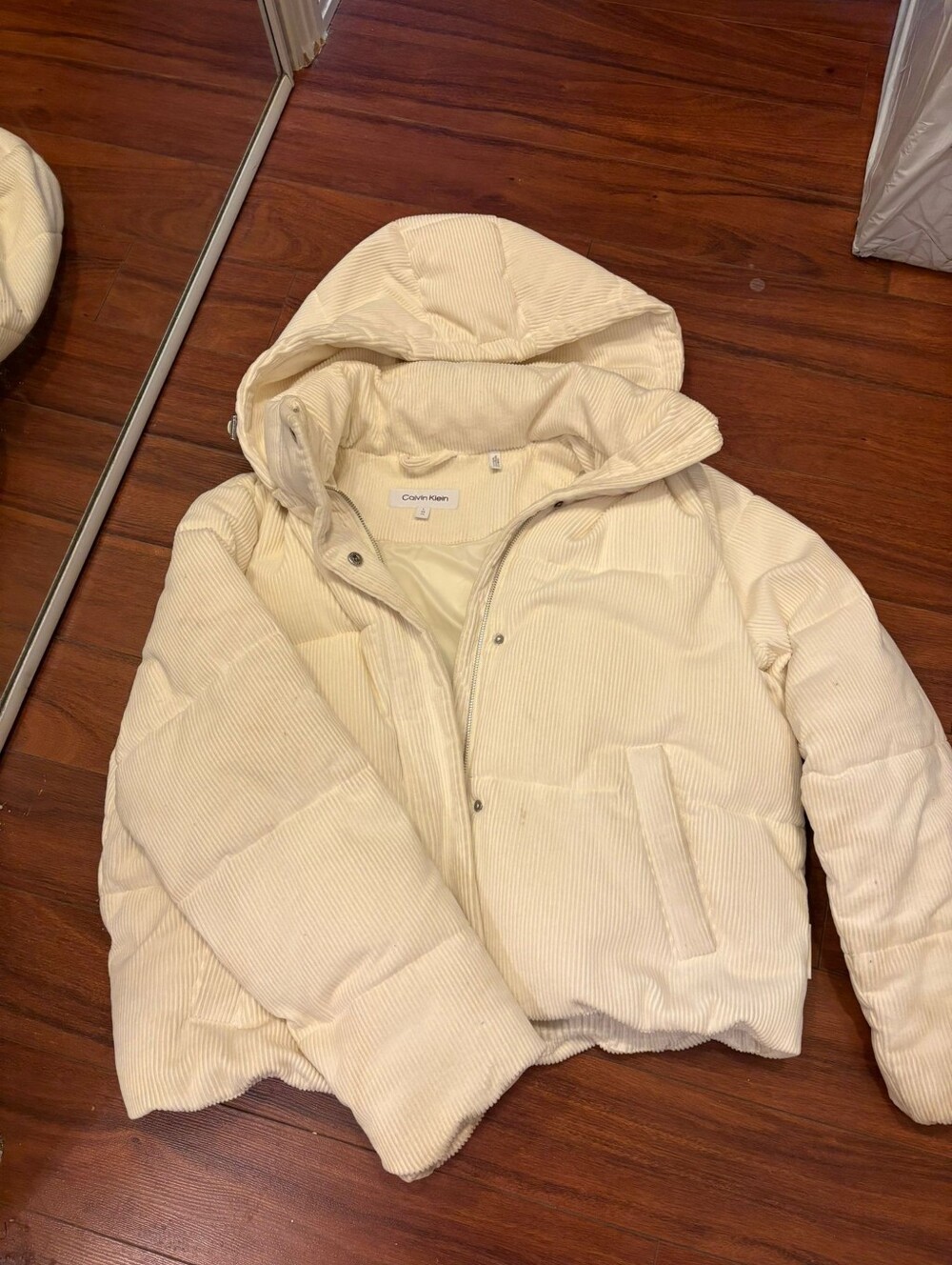 Calvin Klein Cream Corduroy Puffer Jacket with Hood